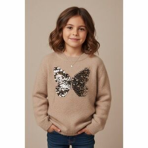 H&M Girls Butterfly Sequin Sweater Beige Knit Pullover Size 4–6Y